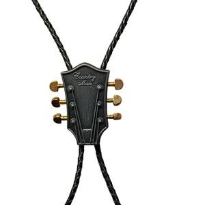 Country Music Guitar Headstock Bolo Tie Leather Cord Western Metal Tips Vintage